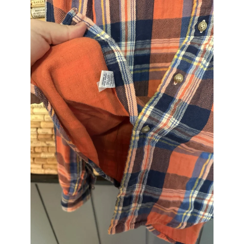 Ralph Lauren Polo Shirt Mens Orange Blue Plaid Flannel Mountain Equipment Logo S